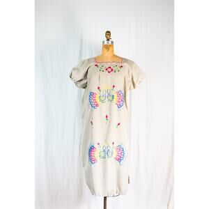 Vintage 70s Oaxacan Embroidered Peacock Dress, Boho Mexico Midi Folk Floral LG